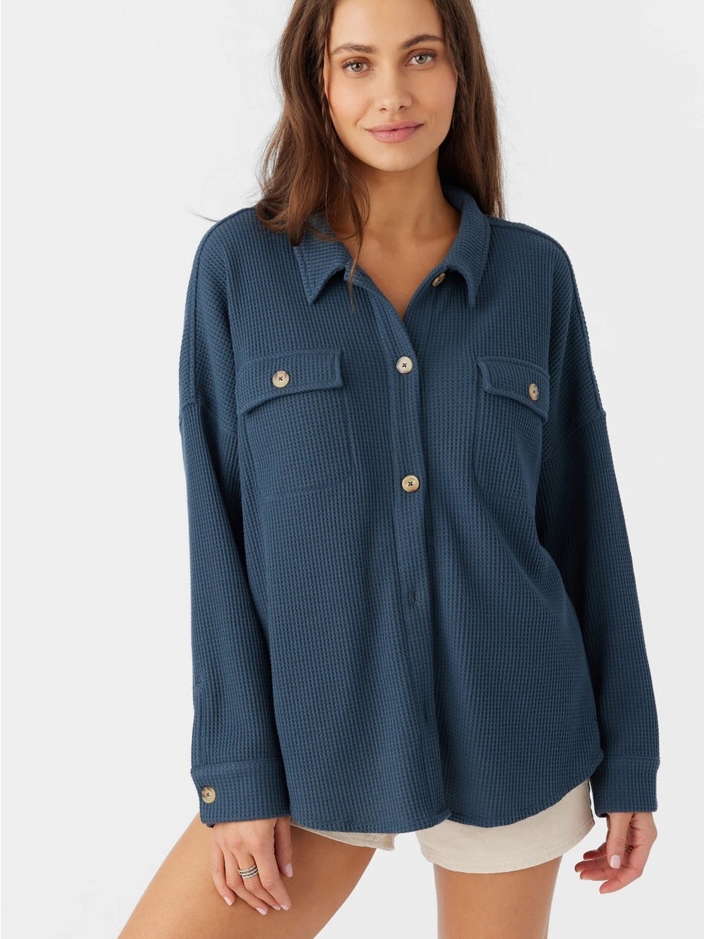 Waffle Knit Button-Front Shirt Jacket - Blue